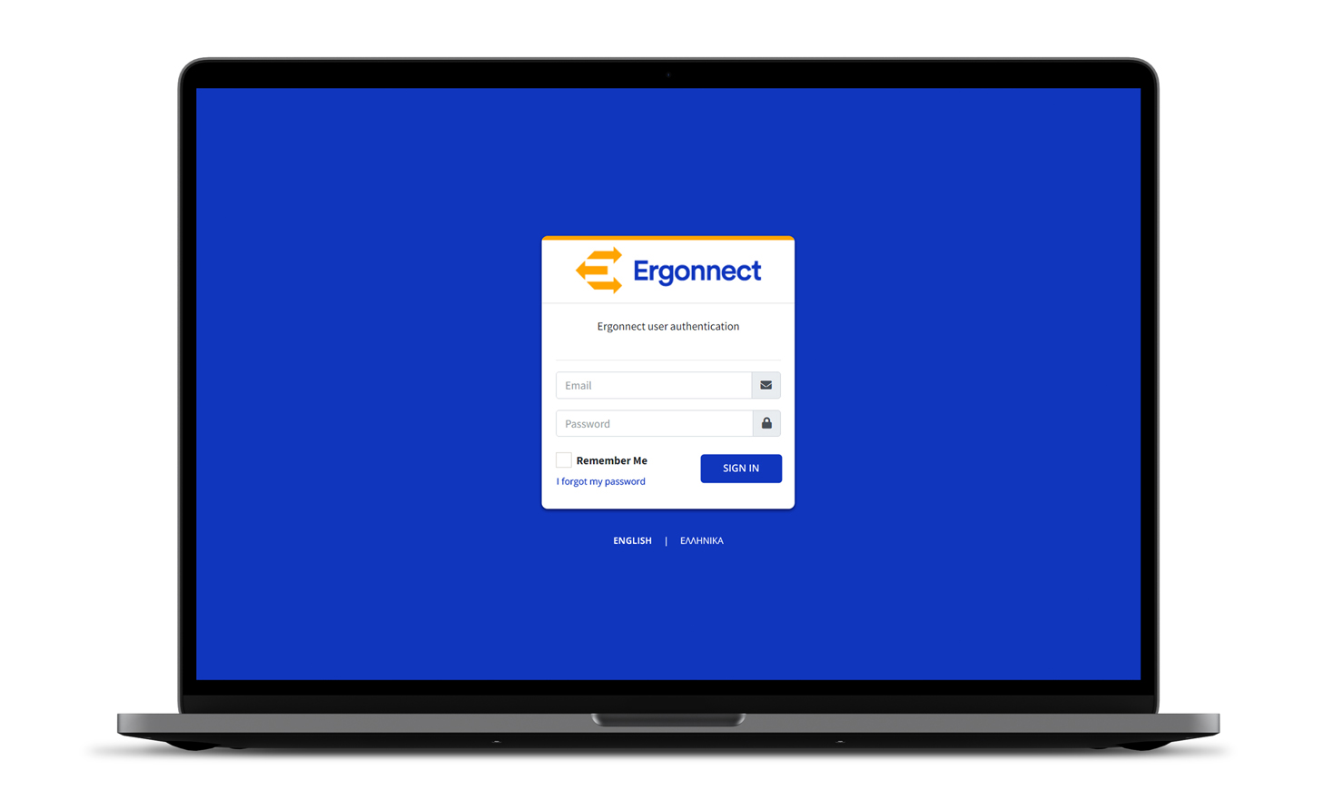 Η οθόνη σύνδεσης για την εφαρμογή Ergonnect WEB-BASED ΛΟΓΙΣΜΙΚΟ